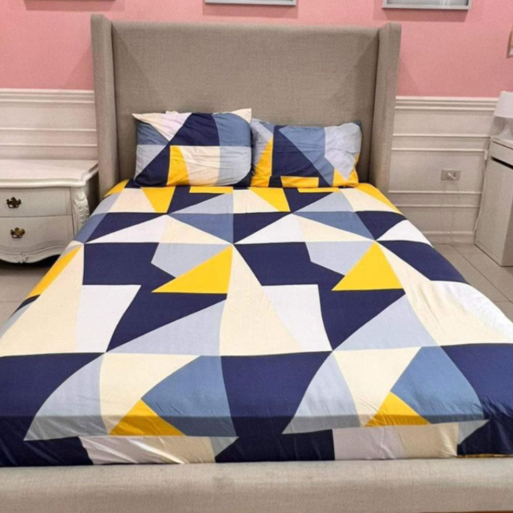Modern Geometric Patterns Navy Blue and Yellow 3-in-1 Bedding Set (1 Full Gartered Fitted Bedsheet with 2 Pillowcases)