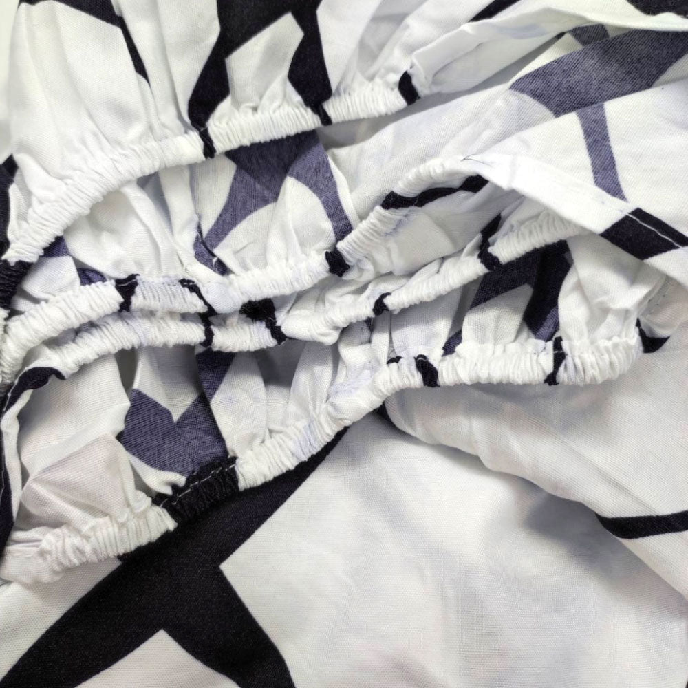 Black & White Modern Grid 3-in-1 Bedding Set (1 Full Gartered Fitted Bedsheet with 2 Pillowcases)