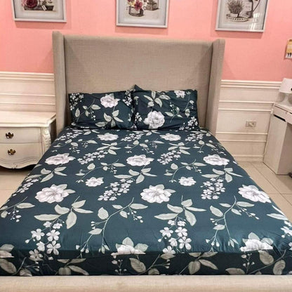 Emerald Green Floral 3-in-1 Bedding Set (1 Full Gartered Fitted Bedsheet with 2 Pillowcases)